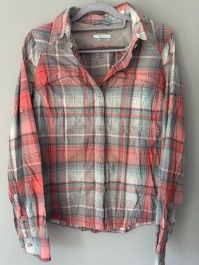 Columbia Coral, Gray and White Plaid Long-Sleeve Shirt